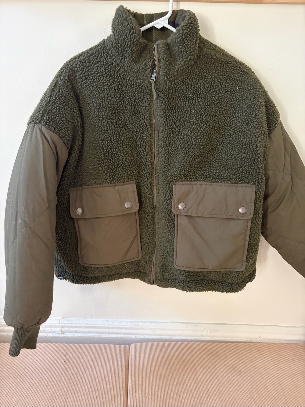 Olive Green Sherpa reversible Zip-Up Jacket with Utility Pockets